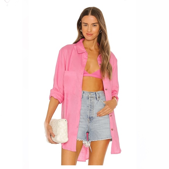 SNDYS Leo Linen Button Up Shirt in Pink Size 2 From REVOLVE - Picture 3 of 7